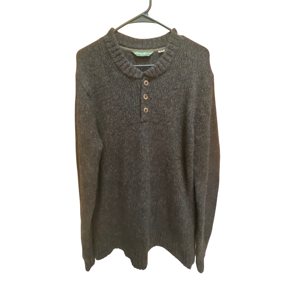 Eddie Bauer Mens XLT‎ Lambswool Henley Sweater Brown Marl Button Neck Pullover